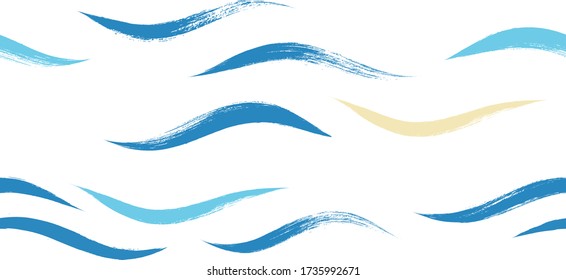 Seamless Wave Pattern, Hand drawn water sea modern vector background. Wavy beach brush stroke, curly grunge paint lines, Japan style watercolor illustration