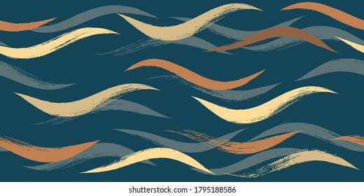 Seamless Wave Pattern, Hand drawn autumn sea modern vector background. Wavy beach brush stroke, curly grunge paint lines, fall watercolor illustration