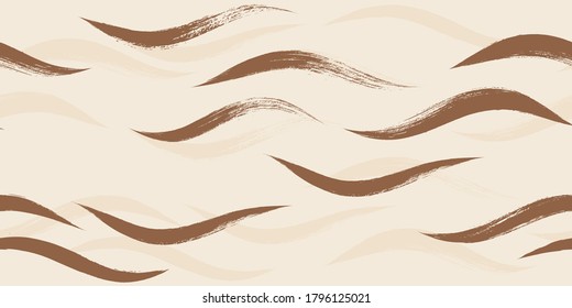 Seamless Wave Pattern, Hand drawn autumn sea modern vector background. Wavy beach brush stroke, curly grunge paint lines, fall watercolor illustration