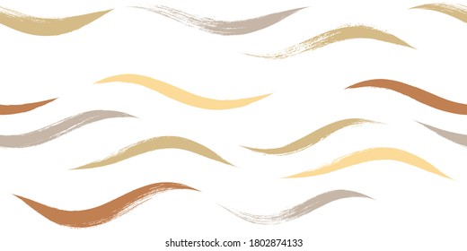 Seamless Wave Pattern, Hand drawn autumn sea modern vector background. Wavy beach brush stroke, curly grunge paint lines, fall watercolor illustration