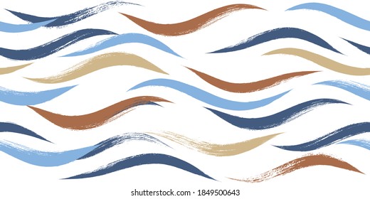 Seamless Wave Pattern, Hand drawn water sea modern vector background. Wavy beach brush stroke, curly grunge paint lines, watercolor illustration