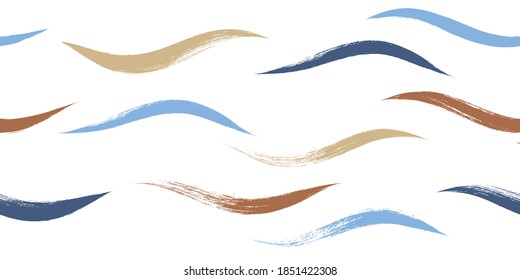 Seamless Wave Pattern, Hand drawn water sea modern vector background. Wavy beach brush stroke, curly grunge paint lines, watercolor illustration