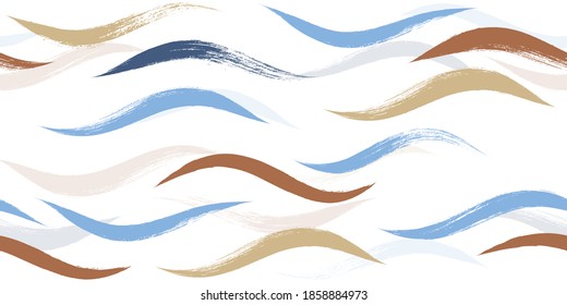 Seamless Wave Pattern, Hand drawn water sea modern vector background. Wavy beach brush stroke, curly grunge paint lines, watercolor illustration