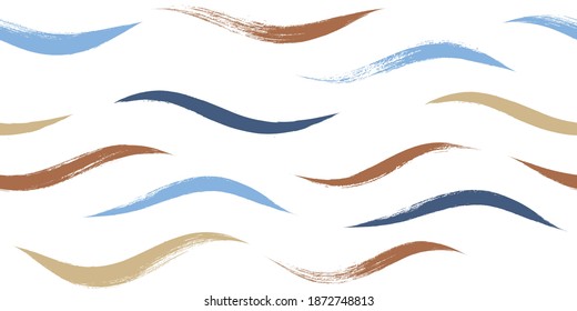 Seamless Wave Pattern, Hand drawn water sea modern vector background. Wavy beach brush stroke, curly grunge paint lines, watercolor illustration