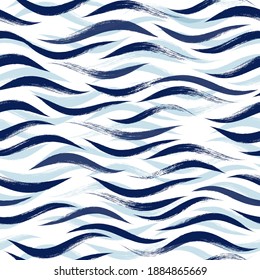 Seamless Wave Pattern, Hand drawn water sea modern vector background. Wavy beach brush stroke, curly grunge paint lines, watercolor illustration