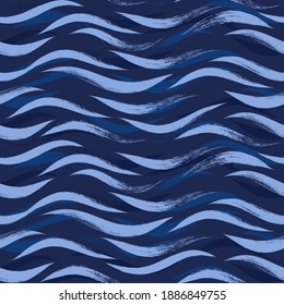 Seamless Wave Pattern, Hand drawn water sea modern vector background. Wavy beach brush stroke, curly grunge paint lines, watercolor illustration