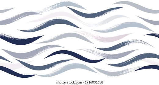 Seamless Wave Pattern, Hand drawn water sea modern vector background. Wavy beach brush stroke, curly grunge paint lines, watercolor illustration