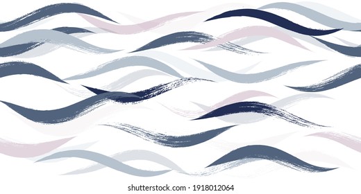 Seamless Wave Pattern, Hand drawn water sea modern vector background. Wavy beach brush stroke, curly grunge paint lines, watercolor illustration