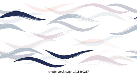 Seamless Wave Pattern, Hand drawn water sea modern vector background. Wavy beach brush stroke, curly grunge paint lines, watercolor illustration