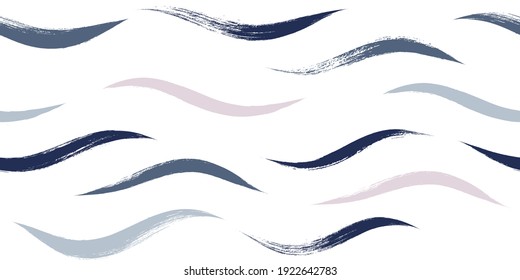 Seamless Wave Pattern, Hand drawn water sea modern vector background. Wavy beach brush stroke, curly grunge paint lines, watercolor illustration