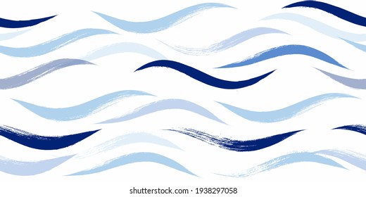 Seamless Wave Pattern, Hand drawn water sea modern vector background. Wavy beach brush stroke, curly grunge paint lines, watercolor illustration