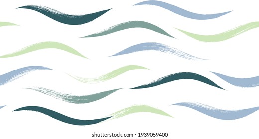 Seamless Wave Pattern, Hand drawn water sea modern vector background. Wavy beach brush stroke, curly grunge paint lines, watercolor illustration