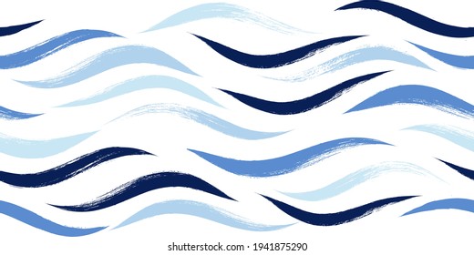 Patrón de ondas sin foco, fondo vectorial moderno del agua dibujada a mano. Icono de pincel de playa ondulado, líneas de pintura con grifo curvo, ilustración acuarela