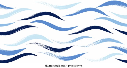 Seamless Wave Pattern, Hand drawn water sea modern vector background. Wavy beach brush stroke, curly grunge paint lines, watercolor illustration