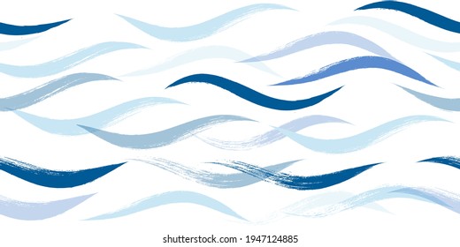 Seamless Wave Pattern, Hand drawn water sea modern vector background. Wavy beach brush stroke, curly grunge paint lines, watercolor illustration