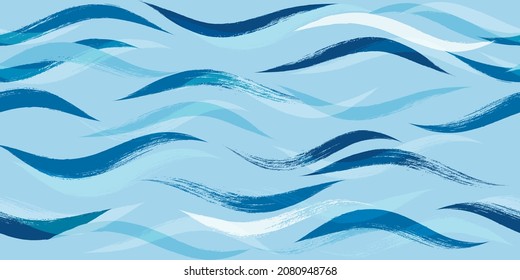Seamless Wave Pattern, Hand drawn water sea vector background. Watercolor wavy beach brush stroke, curly grunge paint lines, modern design