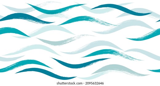 Patrón de ondas sin soldadura, fondo vectorial de agua extraída a mano. Traje de pincel de playa ondulado de color acuático, líneas de pintura ondulada, diseño moderno