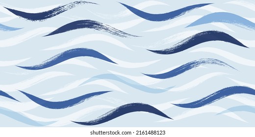 Seamless Wave Pattern, Hand drawn water sea modern vector background. Wavy beach brush stroke, curly grunge paint lines, watercolor illustration