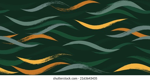 Patrón de ondas sin soldadura, curva dibujada a mano fondo vectorial moderno. Icono de pincel verde ondulado, líneas de pintura con grifo curvo, ilustración de acuarela