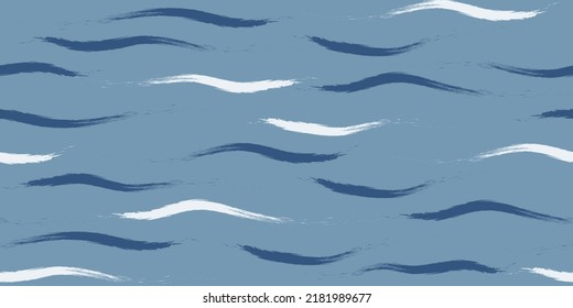 Seamless Wave Pattern, Hand drawn cute water vector background. Watercolor sea brush smears, baby paint lines design