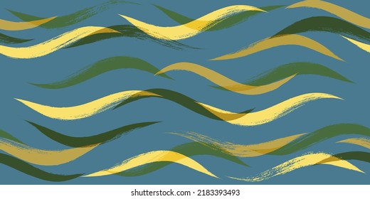 Seamless Wave Pattern, Hand drawn curve modern vector background. Wavy green brush stroke, curly grunge paint lines, watercolor illustration