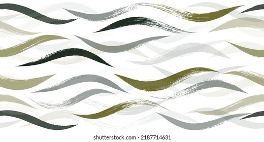 Seamless Wave Pattern, Hand drawn curve modern vector background. Wavy green brush stroke, curly grunge paint lines, watercolor illustration