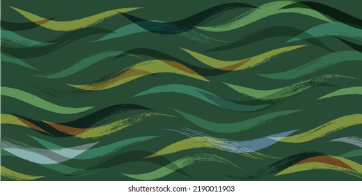 Seamless Wave Pattern, Hand drawn curve modern vector background. Wavy green brush stroke, curly grunge paint lines, watercolor illustration