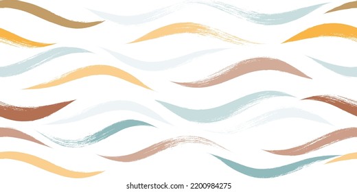 Seamless Wave Pattern, Hand drawn water modern vector background. Wavy beach brush stroke, curly grunge paint lines, watercolor illustration