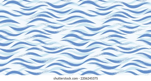 Seamless Wave Pattern, Hand drawn water sea modern vector background. Wavy beach brush stroke, curly grunge paint lines, watercolor illustration