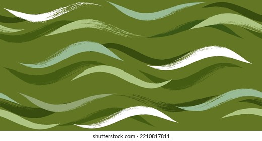 Seamless Wave Pattern, Hand drawn field modern vector background. Wavy grass brush stroke, curly grunge paint lines, watercolor illustration
