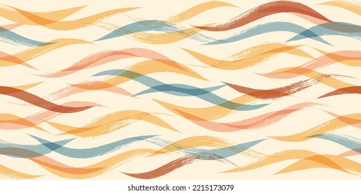 Seamless Wave Pattern, Hand drawn water modern vector background. Wavy beach brush stroke, curly grunge paint lines, watercolor illustration