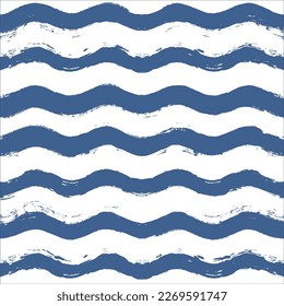 Seamless Wave Pattern, Hand drawn water sea vector background. Wavy beach print, curly grunge paint lines, watercolor illustration