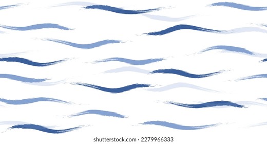 Seamless Wave Pattern, Hand drawn cute water vector background. Watercolor sea brush smears, baby paint lines design