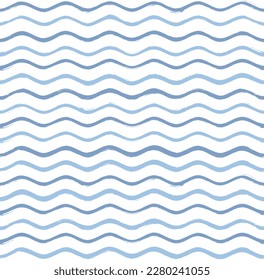 Seamless Wave Pattern, Hand drawn water sea vector background. Wavy beach print, curly grunge paint lines, watercolor stripes
