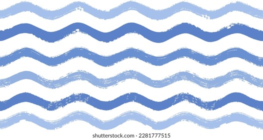 Seamless Wave Pattern, Hand drawn water sea vector background. Wavy beach print, curly grunge paint lines, watercolor illustration Immagine vettoriale stock