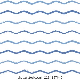 Seamless Wave Pattern, Hand drawn water sea vector background. Wavy beach print, curly grunge paint lines, watercolor stripes