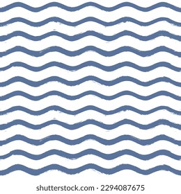 Patrón de ondas sin soldadura, fondo vectorial de agua extraída a mano. Impresión ondulada en la playa, líneas de pintura onduladas con curvas, franjas acuáticas
