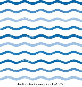 Seamless Wave Pattern, Hand drawn water sea vector background. Wavy beach print, curly grunge paint lines, watercolor illustration