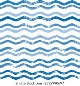 Seamless Wave Pattern, Hand drawn water sea vector background. Wavy beach print, curly grunge paint lines, watercolor illustration