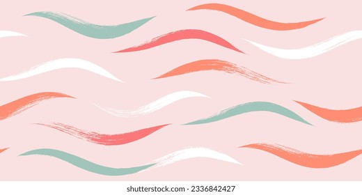 Seamless Wave Pattern, Hand drawn pink vector background. Wavy girly brush stroke, curly grunge paint lines, watercolor illustration