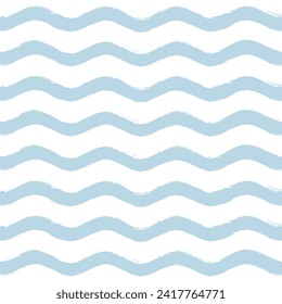 Seamless Wave Pattern, Hand drawn water sea vector background. Wavy beach print, curly grunge paint lines, watercolor stripes