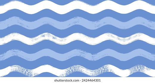 Seamless Wave Pattern, Hand drawn water sea vector background. Wavy beach print, curly grunge paint lines, watercolor