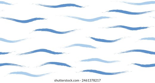 Seamless Wave Pattern, Hand drawn cute water vector background. Watercolor sea brush smears, baby paint lines design