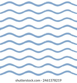 Seamless Wave Pattern, Hand drawn water sea vector background. Wavy beach print, curly grunge paint lines, watercolor stripes