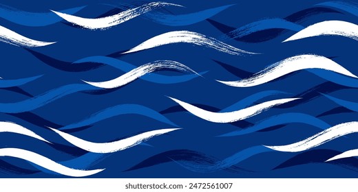 Seamless Wave Pattern, Hand drawn water sea modern vector background. Wavy beach brush stroke, curly grunge paint lines, Japan style watercolor illustration