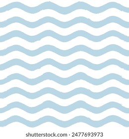 Seamless Wave Pattern, Hand drawn water sea vector background. Wavy beach print, curly grunge paint lines, watercolor stripes