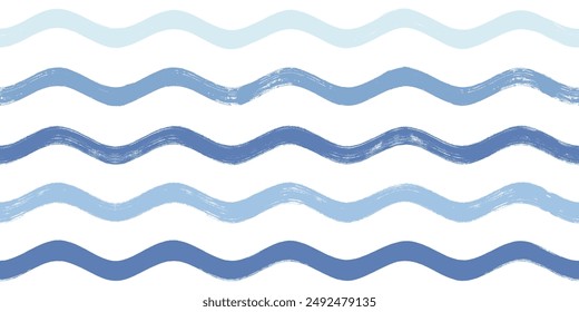 Seamless Wave Pattern, Hand drawn water sea vector background. Wavy beach print, curly grunge paint lines, watercolor	