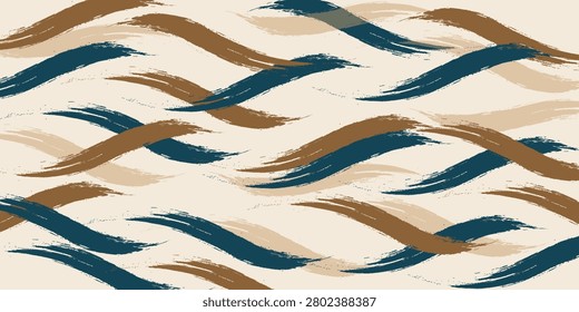 Seamless Wave Pattern, Hand Drawn Autumn Sea Modern Vector Background. Wavy Beach Brush Strokes, Curly Grunge Paint Lines, Modern wavy brush vector