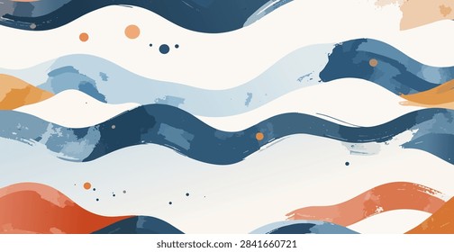 Seamless Wave Pattern, Hand drawn autumn sea modern vector background. Wavy beach brush stroke, curly grunge paint lines, fall watercolor illustration