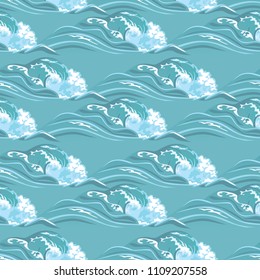 Seamless wave pattern. Marine blue background. Vector illustration of sea in  flat style.  Template for fabric, textiles, wallpaper and paper.